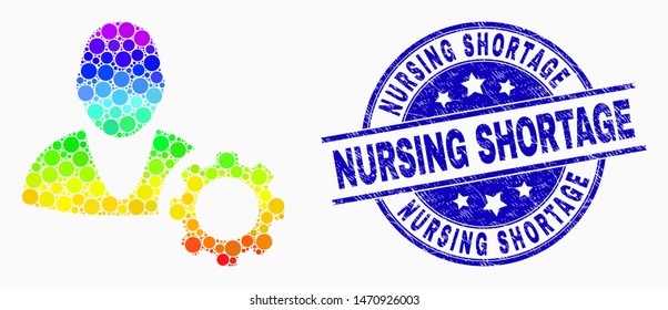 Pixelated spectral user options cog mosaic pictogram and Nursing Shortage stamp. Blue vector rounded textured seal stamp with Nursing Shortage title. Vector composition in flat style.