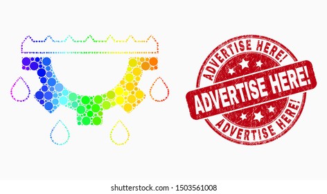 Pixelated spectral water gear drops mosaic pictogram and Advertise Here! seal. Red vector rounded grunge seal stamp with Advertise Here! phrase. Vector composition in flat style.