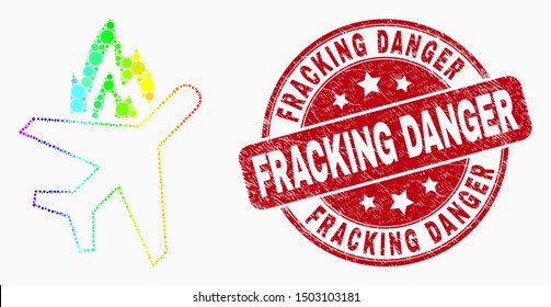 Pixelated spectrum airplane crash mosaic icon and Fracking Danger seal stamp. Red vector round scratched seal stamp with Fracking Danger phrase. Vector combination in flat style.