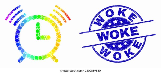 Pixelated spectrum alarm clock mosaic icon and Woke seal stamp. Blue vector round scratched seal with Woke message. Vector composition in flat style.