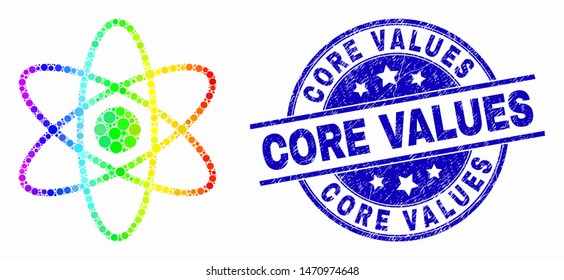 Pixelated spectrum atom mosaic icon and Core Values seal stamp. Blue vector round textured seal stamp with Core Values text. Vector collage in flat style.