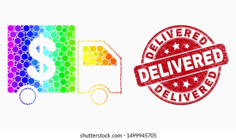 Pixelated spectrum banking delivery mosaic icon and Delivered stamp. Red vector rounded grunge seal stamp with Delivered caption. Vector collage in flat style.