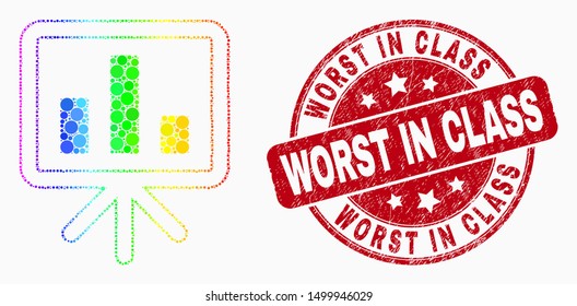 Pixelated spectrum bar chart presentation mosaic pictogram and Worst in Class seal. Red vector rounded distress seal with Worst in Class message. Vector combination in flat style.