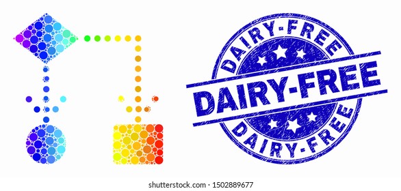 Pixelated spectrum block diagram mosaic icon and Dairy-Free seal stamp. Blue vector round textured seal stamp with Dairy-Free message. Vector composition in flat style.