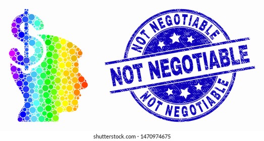 Pixelated spectrum business thinking mosaic icon and Not Negotiable seal stamp. Blue vector rounded scratched seal stamp with Not Negotiable caption. Vector composition in flat style.