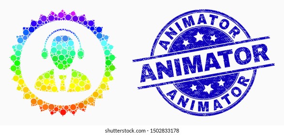 Pixelated spectrum call center stamp mosaic pictogram and Animator seal stamp. Blue vector round scratched seal stamp with Animator message. Vector collage in flat style.