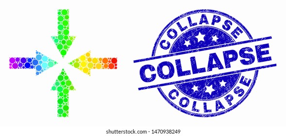 Pixelated spectrum collapse arrows mosaic icon and Collapse stamp. Blue vector round distress seal stamp with Collapse text. Vector combination in flat style.