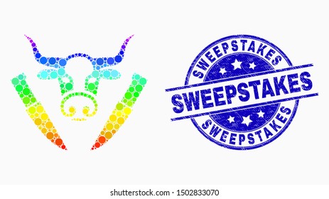 Pixelated spectrum cow butchery mosaic pictogram and Sweepstakes seal stamp. Blue vector round distress watermark with Sweepstakes caption. Vector composition in flat style.