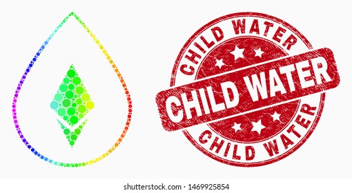 Pixelated spectrum crystal drop mosaic icon and Child Water seal. Red vector rounded grunge seal stamp with Child Water phrase. Vector composition in flat style.