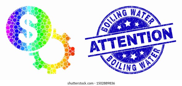 Pixelated spectrum dollar setup gear mosaic pictogram and Boiling Water Attention seal stamp. Blue vector round scratched seal stamp with Boiling Water Attention message.
