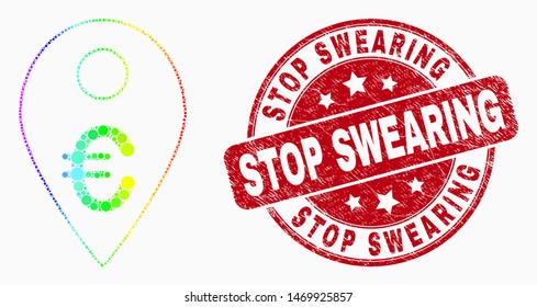 Pixelated spectrum euro map marker mosaic pictogram and Stop Swearing stamp. Red vector rounded distress stamp with Stop Swearing message. Vector collage in flat style.
