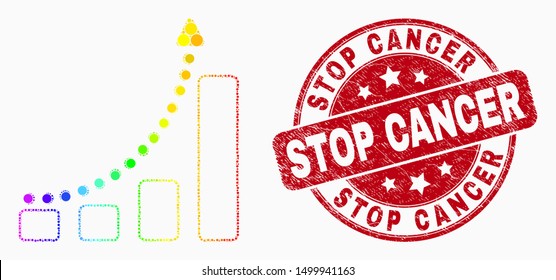 Pixelated spectrum fast growing trend mosaic icon and Stop Cancer seal stamp. Red vector round grunge seal stamp with Stop Cancer caption. Vector collage in flat style.