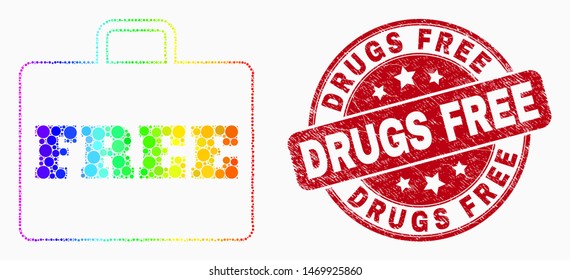 Pixelated spectrum free case mosaic icon and Drugs Free stamp. Red vector rounded scratched stamp with Drugs Free phrase. Vector composition in flat style.