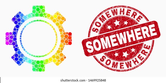 Pixelated spectrum gear mosaic icon and "Somewhere" seal. Red vector rounded distress stamp with "Somewhere" phrase. Vector combination in flat style.