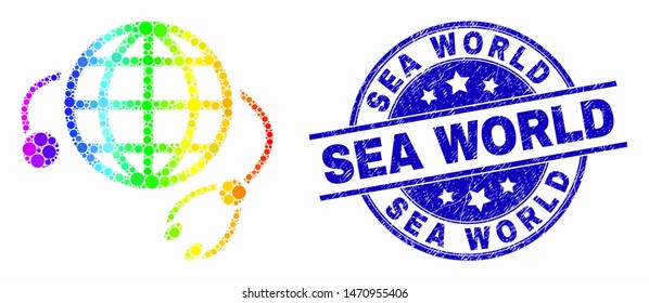 Pixelated spectrum global medical service mosaic icon and Sea World seal stamp. Blue vector round scratched stamp with Sea World message. Vector combination in flat style.