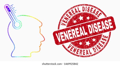 Pixelated spectrum head thermometer mosaic icon and Venereal Disease seal stamp. Red vector round scratched seal with Venereal Disease title. Vector composition in flat style.