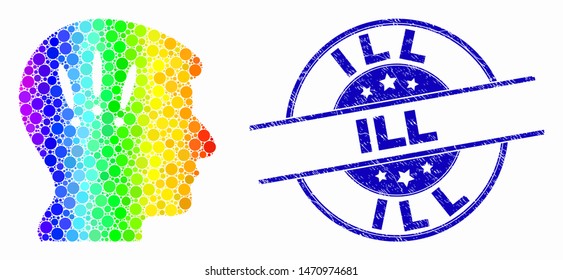 Pixelated spectrum headache mosaic icon and Ill seal. Blue vector rounded distress seal stamp with Ill title. Vector composition in flat style. Spectrum gradient headache mosaic of random spheres,
