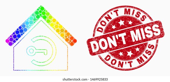 Pixelated spectrum home keyhole mosaic icon and "Don't Miss" seal stamp. Red vector round grunge seal stamp with "Don't Miss" phrase. Vector composition in flat style.