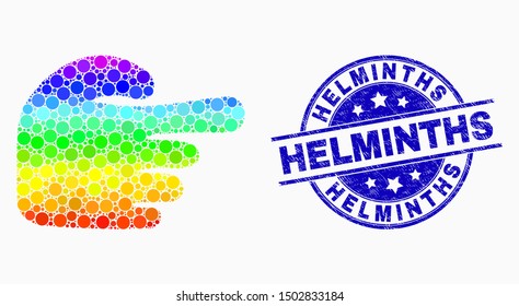 Pixelated spectrum index finger mosaic icon and Helminths seal. Blue vector round scratched seal stamp with Helminths caption. Vector composition in flat style.