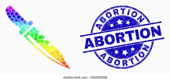 Pixelated spectrum knife mosaic icon and Abortion seal. Blue vector round textured seal stamp with Abortion title. Vector collage in flat style. Spectrum gradient knife mosaic of randomized circles,