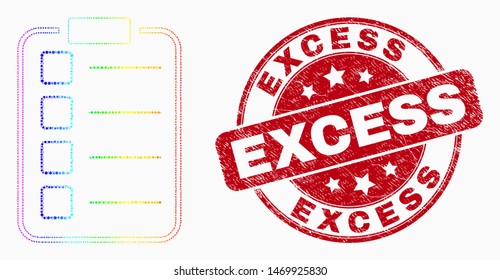 Pixelated spectrum list items pad mosaic icon and "Excess" seal stamp. Red vector rounded grunge watermark with "Excess" title. Vector composition in flat style.
