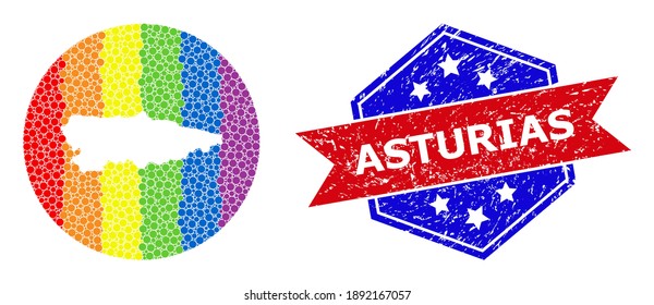 Pixelated spectrum map of Asturias Province mosaic designed with circle and subtracted shape, and grunge seal stamp. LGBTQ spectrum colored dots around empty map of Asturias Province.