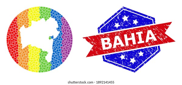 Pixelspektrum-Karte des Bahia State Mosaik mit Kreis und Ausschnitt Form, und Stempelsiegel. LGBT-Spektrum-farbige Pixel um leere Karte des Bahia-Staates.