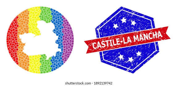 Pixelspektrum Karte der Provinz Kastilien-La Mancha Collage entworfen mit Kreis und Schablone, und farbige Wasserzeichen. LGBT-Regenbogen-farbige Punkte rund um eine leere Karte der Provinz Kastilien-La Mancha.