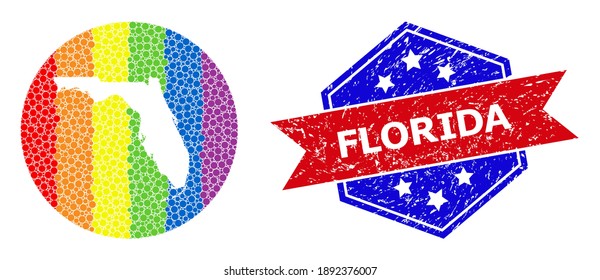 Pixelated spectrum map of Florida State mosaic created with circle and hole, and textured seal stamp. LGBT rainbow colored dots around empty map of Florida State.