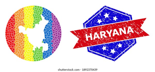 Pixelated spectrum map of Haryana State mosaic created with circle and cut out shape, and grunge seal. LGBTQ spectrum colored dots around empty map of Haryana State.