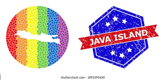Pixelated spectrum map of Java Island mosaic composed with circle and hole, and distress seal stamp. LGBT rainbow colored pixels around empty map of Java Island.