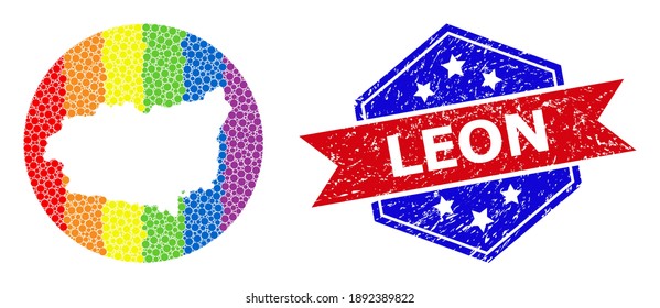 Pixelated spectrum map of Leon Province collage designed with circle and subtracted space, and distress seal stamp. LGBTQ rainbow colored pixels around empty map of Leon Province.