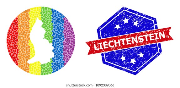 Pixelated spectrum map of Liechtenstein collage designed with circle and cut out shape, and scratched seal stamp. LGBTQ rainbow colored dots around empty map of Liechtenstein.