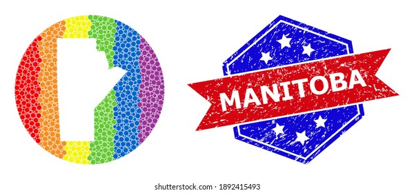 Pixelated spectrum map of Manitoba Province mosaic composed with circle and cut out shape, and grunge seal stamp. LGBT rainbow colored pixels around empty map of Manitoba Province.