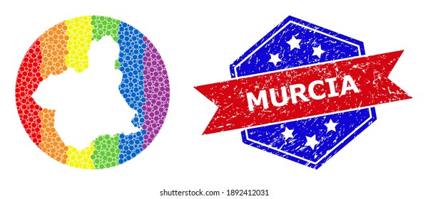 Pixelated spectrum map of Murcia Province mosaic composed with circle and cut out shape, and textured seal. LGBTQ spectrum colored pixels around empty map of Murcia Province.