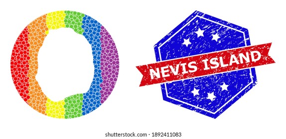 Pixelated spectrum map of Nevis Island mosaic formed with circle and cut out shape, and grunge seal stamp. LGBT spectrum colored dots around empty map of Nevis Island.