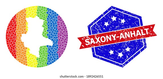 Pixelated spectrum map of Saxony-Anhalt State collage designed with circle and hole, and distress badge. LGBTQ spectrum colored dots around empty map of Saxony-Anhalt State.