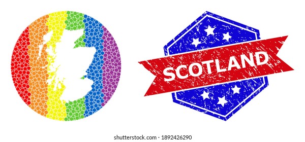 Pixelated spectrum map of Scotland mosaic created with circle and stencil, and scratched watermark. LGBT spectrum colored dots around empty map of Scotland.