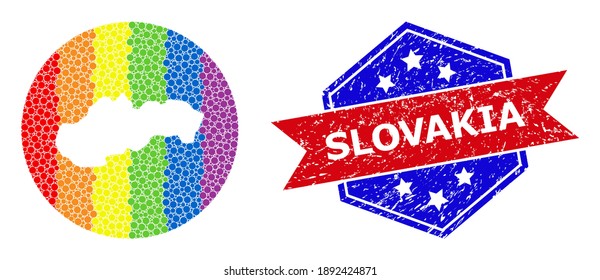 Pixelated spectrum map of Slovakia mosaic formed with circle and stencil, and textured seal stamp. LGBTQ spectrum colored pixels around empty map of Slovakia.