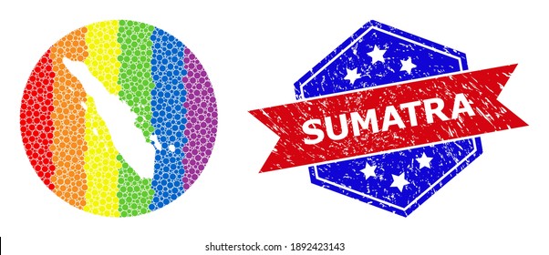 Pixelated spectrum map of Sumatra Island mosaic composed with circle and cut out shape, and grunge watermark. LGBT rainbow colored dots around empty map of Sumatra Island.