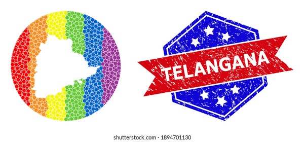 Pixelated spectrum map of Telangana State mosaic designed with circle and carved shape, and textured badge. LGBT spectrum colored pixels around empty map of Telangana State.