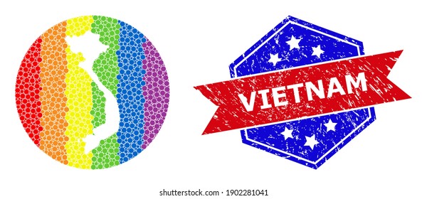 Pixelated spectrum map of Vietnam collage formed with circle and cut out shape, and scratched seal stamp. LGBT spectrum colored dots around empty map of Vietnam. Bicolor seal uses red and blue colors,