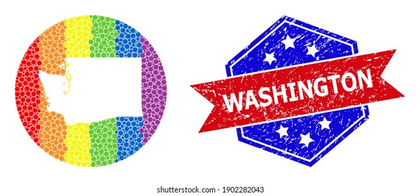 Pixelated spectrum map of Washington State mosaic composed with circle and carved shape, and textured stamp. LGBT spectrum colored dots around empty map of Washington State.