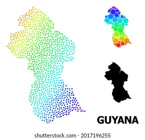 Pixelated spectrum, and monochrome map of Guyana, and black caption. Vector structure is created from map of Guyana with circles. Illustration is useful for geographic templates.