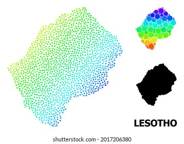 Espectro pixelado, mapa monocromo de Lesoto y título negro. La estructura vectorial se crea a partir de un mapa de Lesoto con círculos. La plantilla es útil para las plantillas políticas.