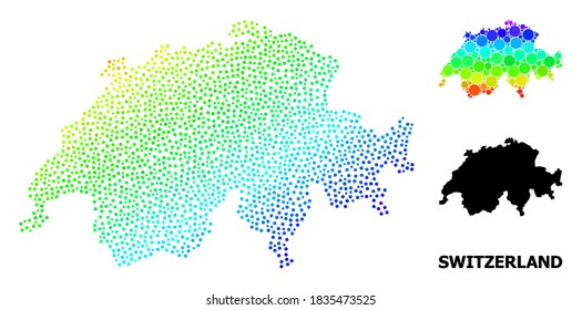 Pixelated spectrum, and monochrome map of Switzerland, and black text. Vector structure is created from map of Switzerland with circles. Illustration for geographic ads.