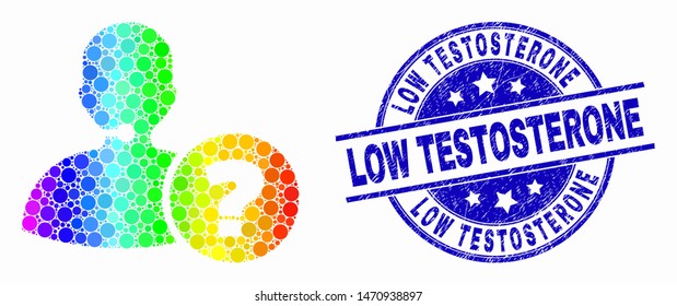 Pixelated spectrum operator information mosaic icon and Low Testosterone stamp. Blue vector rounded distress seal stamp with Low Testosterone caption. Vector composition in flat style.