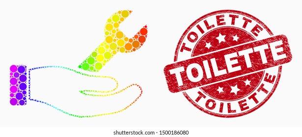 Pixelated spectrum repair hand mosaic icon and Toilette seal stamp. Red vector rounded distress seal with Toilette text. Vector collage in flat style.