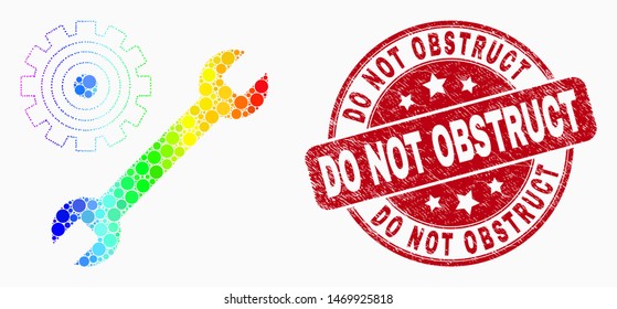 Pixelated spectrum repair tools mosaic icon and "Do Not Obstruct" stamp. Red vector round grunge seal with "Do Not Obstruct" message. Vector composition in flat style.