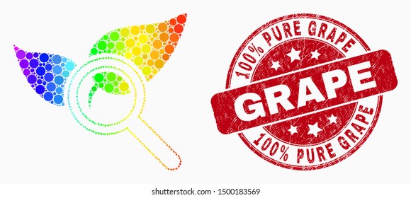 Pixelated spectrum search flora plant mosaic pictogram and 100% Pure Grape seal stamp. Red vector round textured seal with 100% Pure Grape title. Vector collage in flat style.